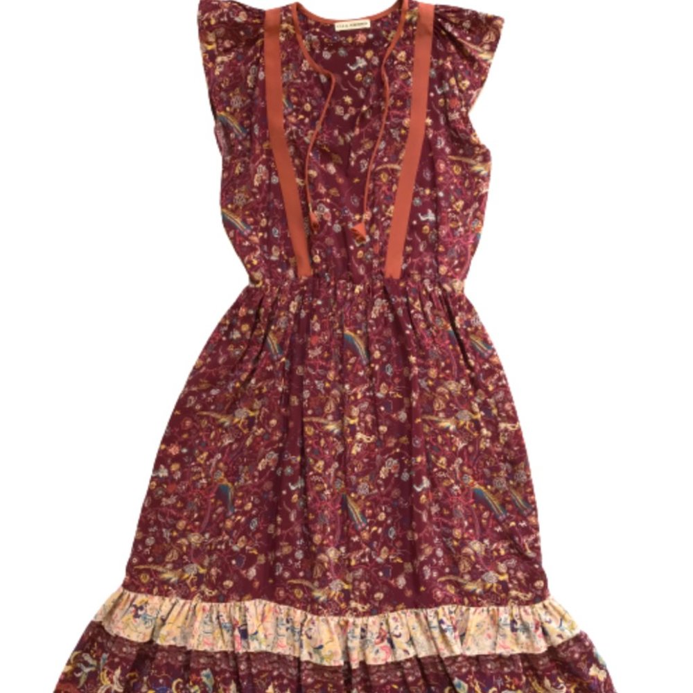 Ulla Johnson Tiered Midi Dress Womens 2 Maroon Orange Tiered Floral Silk V-Neck